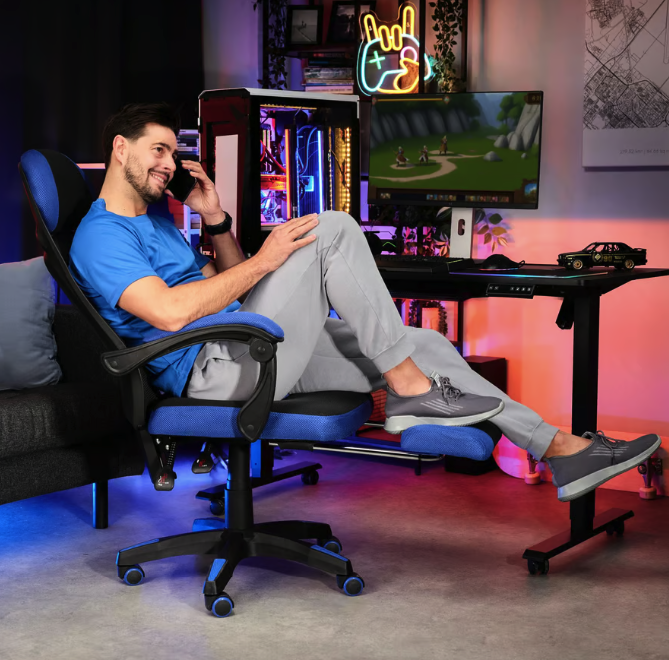 Геймерское компьютерное кресло черное с синим Sporte для дома, игровое кресло с выдвижной подставкой для ног Киев - изображение 6