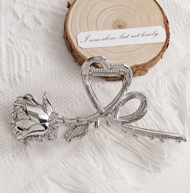 Заколка-краб для волос металлическая Роза с сердцем серебристая 11 см Киев - изображение 3