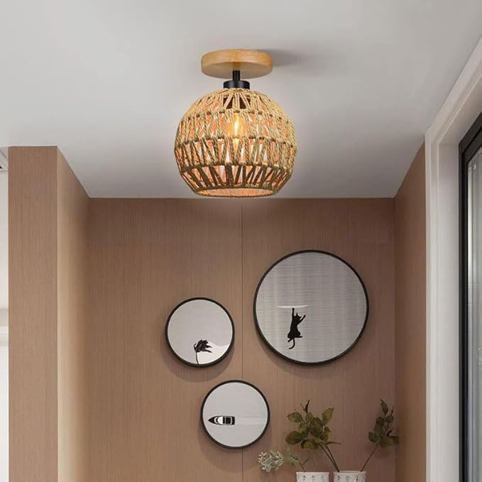 Стильна стельова люстра в Еко-стилі (Плетений абажур + Дерево) Луцьк - фото 3