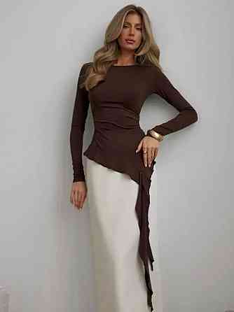 Женский стильный асимметричный лонгслив со шлейфом микродайвинг Шоколад Одесса