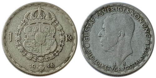1 крона 1946 Швеция — серебро Полтава - изображение 1