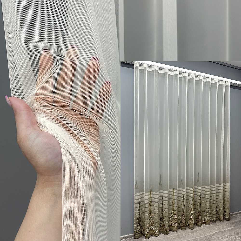 Тюль з принтом "Париж" колір бежевий з білим 1752т Київ - фото 1