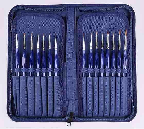 Набор кистей нейлоновых в чехле на молнии для акварели, акрила, гуаши, масла и нейл-арта, 15 шт синие Каменец-Подольский
