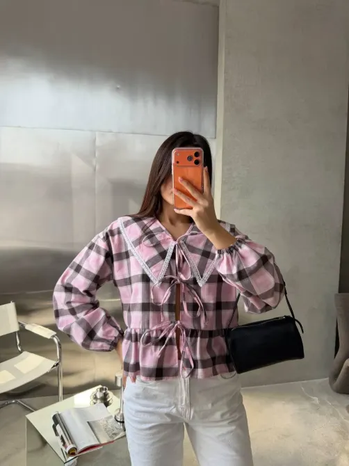 Стильна жіноча картата сорочка з мереживом Одеса - фото 14