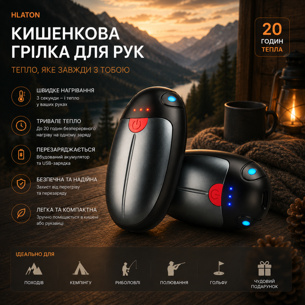 Комплект акумуляторних грілок для рук HAWANA 2-в-1 — до 20 годин тепла, 3 режими нагріву, Aluminum Premium, Сірі Київ - фото 1