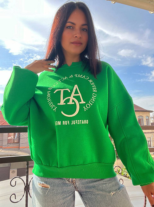 Світшот жіночий OLIVIA 2479 широкий оверсайз утеплений вишивка малюнок one size, зелений, one size Київ - фото 1