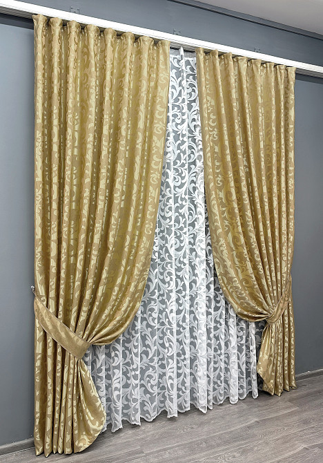 Комплект штор VR-Textil Жакард Вензель 100х270 2шт і Тюль 300х270 091ш-1147т Золотистий з білим 71-097/1 Київ - фото 2