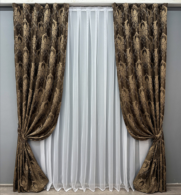 Комплект готовых штор VR-Textil Парча № 1772ш Коричневый с карамельным 130х290 см 2 шт (39-955) Киев - изображение 2
