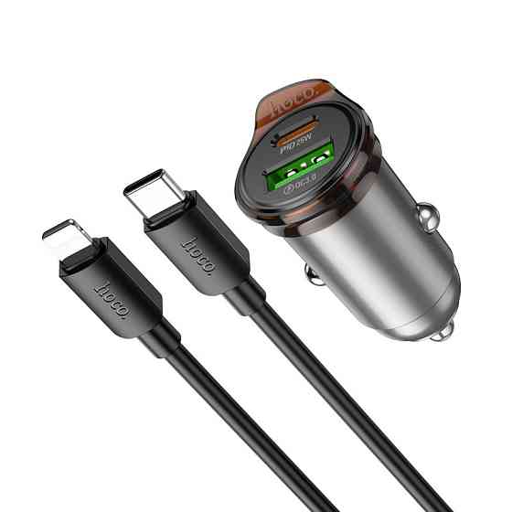 Автомобільний зарядний пристрій HOCO NZ16A Rigorous 43W dual port PD25W+QC3.0 car charger set(C to iP) Metal Grey Одеса