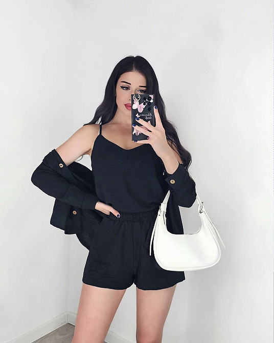 Жіночий легкий костюм-трійка: сорочка, майка та шорти креп жатка Чорний, 42/44 Одеса - фото 3