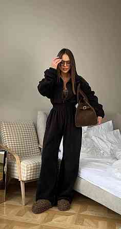 Жіночий теплий оверсайз комбінезон Фліс Полар Чорний Одеса