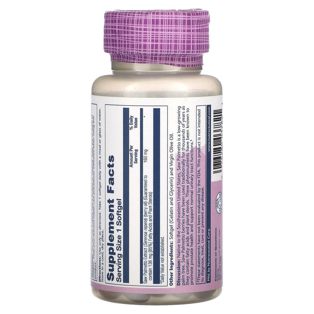 Витамины для мужчин Saw Palmetto Berry Extract Solaray, 160 мг, 60 м’яких капсул Киев - изображение 4