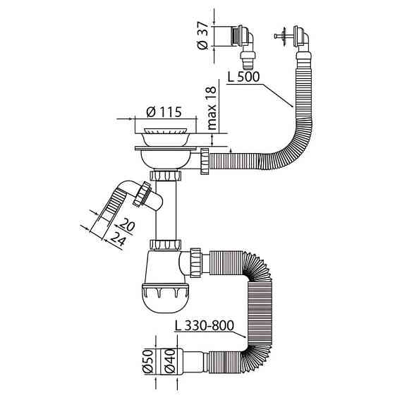 Сифон для кухні Mixxus SK-07-B 3 1/2"x40 з нержавіючою сіткою, відведенням для пральної машини, гнучким  ( 15126 ) Харків