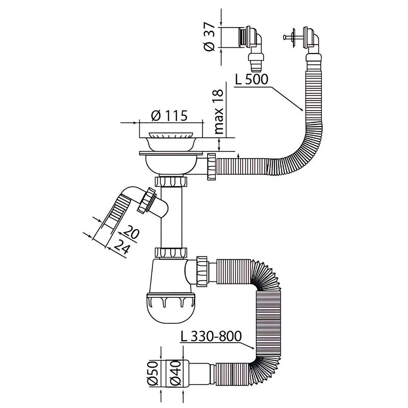 Сифон для кухні Mixxus SK-07-B 3 1/2"x40 з нержавіючою сіткою, відведенням для пральної машини, гнучким  ( 15126 ) Харків - фото 2