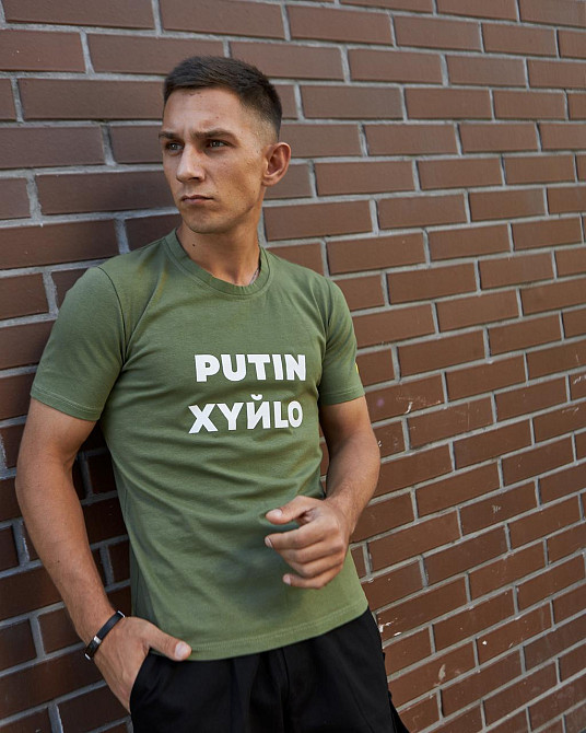 Мужская патриотическая футболка с принтом Путин антивоенная хлопковая хаки XL Одесса - изображение 7