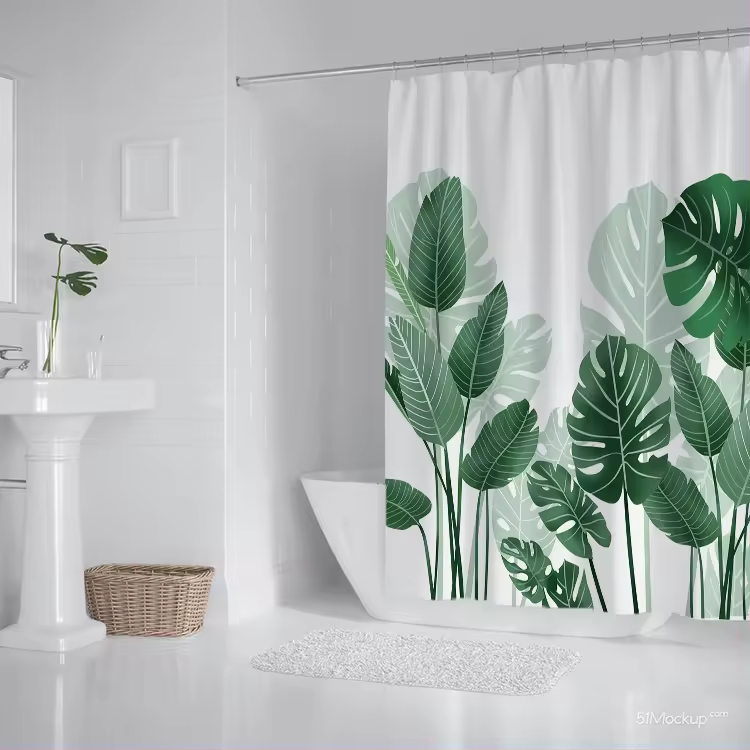 Тканинна шторка-фіранка для ванної Aquarius 180 х 180 см з кільцями - Зелене листя - 100% поліестер Буча - фото 1