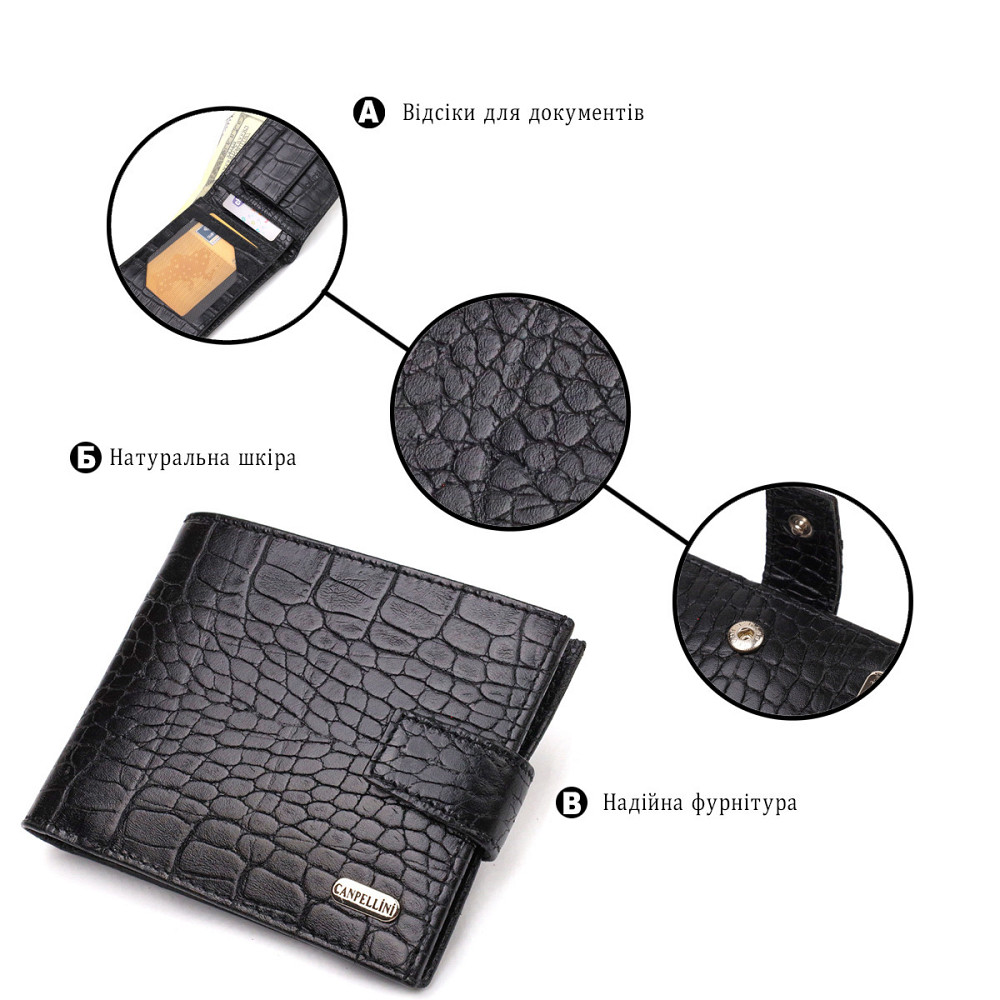Удобный мужской бумажник из натуральной фактурной кожи с тиснением под крокодила CANPELLINI 21790 Черный Киев - изображение 4