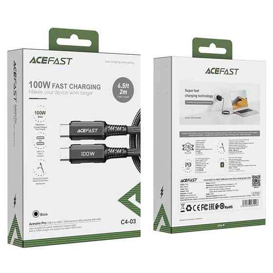 Кабель Type-C ACEFAST C4-03 5A, 100W, 2m, нейлон, zinc конектори, колір чорний AFC4-03B Одеса