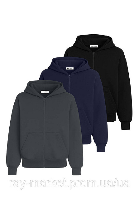 Набір чоловічий худі базове 3шт RAY PREMIUM LOOSE комбінований Темно-сірий/Темно-синій/Чорний (U0409M-Grey-Navy-Black) 3XL Київ - фото 1