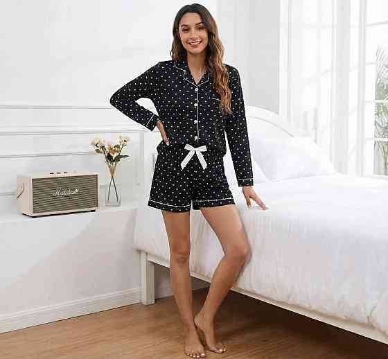 Жіноча чорна піжама-трійка в горошок трикотаж бамбук 48 Одеса