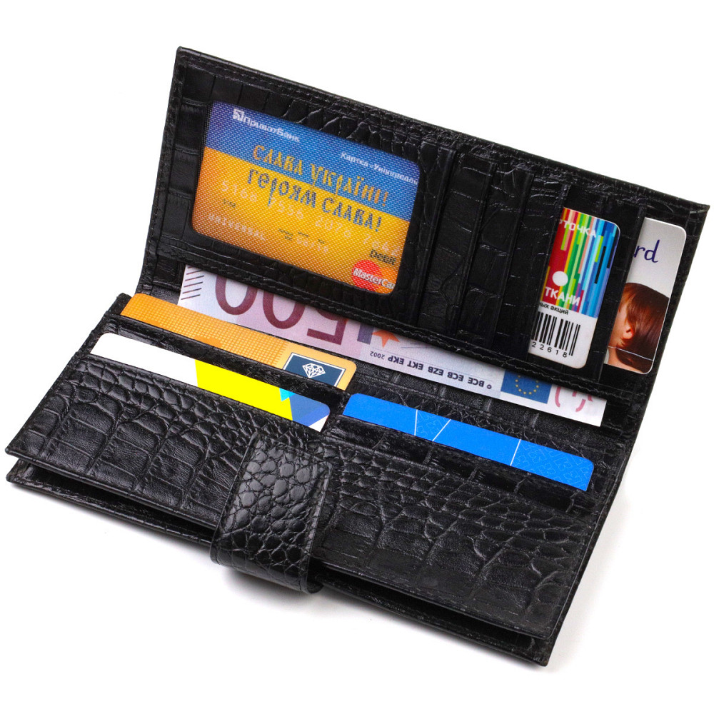 Узкий кошелек для мужчин из натуральной кожи с тиснением под крокодила Черный (CANPELLINI) Киев - изображение 10