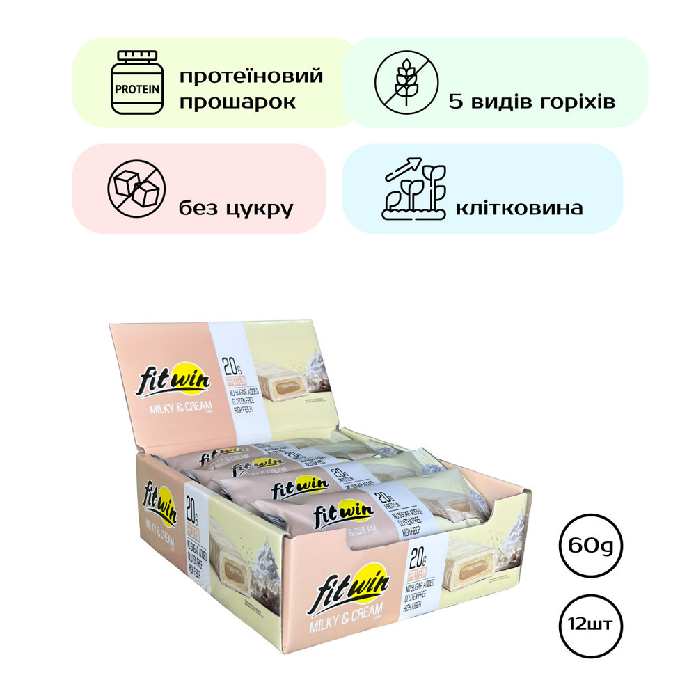 Протеїнові батончики Fitwin Bar No Sugar Added 12x60g молочний крем Київ - фото 3