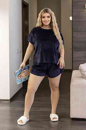 Велюрова піжама двійка (футболка і шорти) "Mellow" | Батал Темно-синій, 50-52 Київ