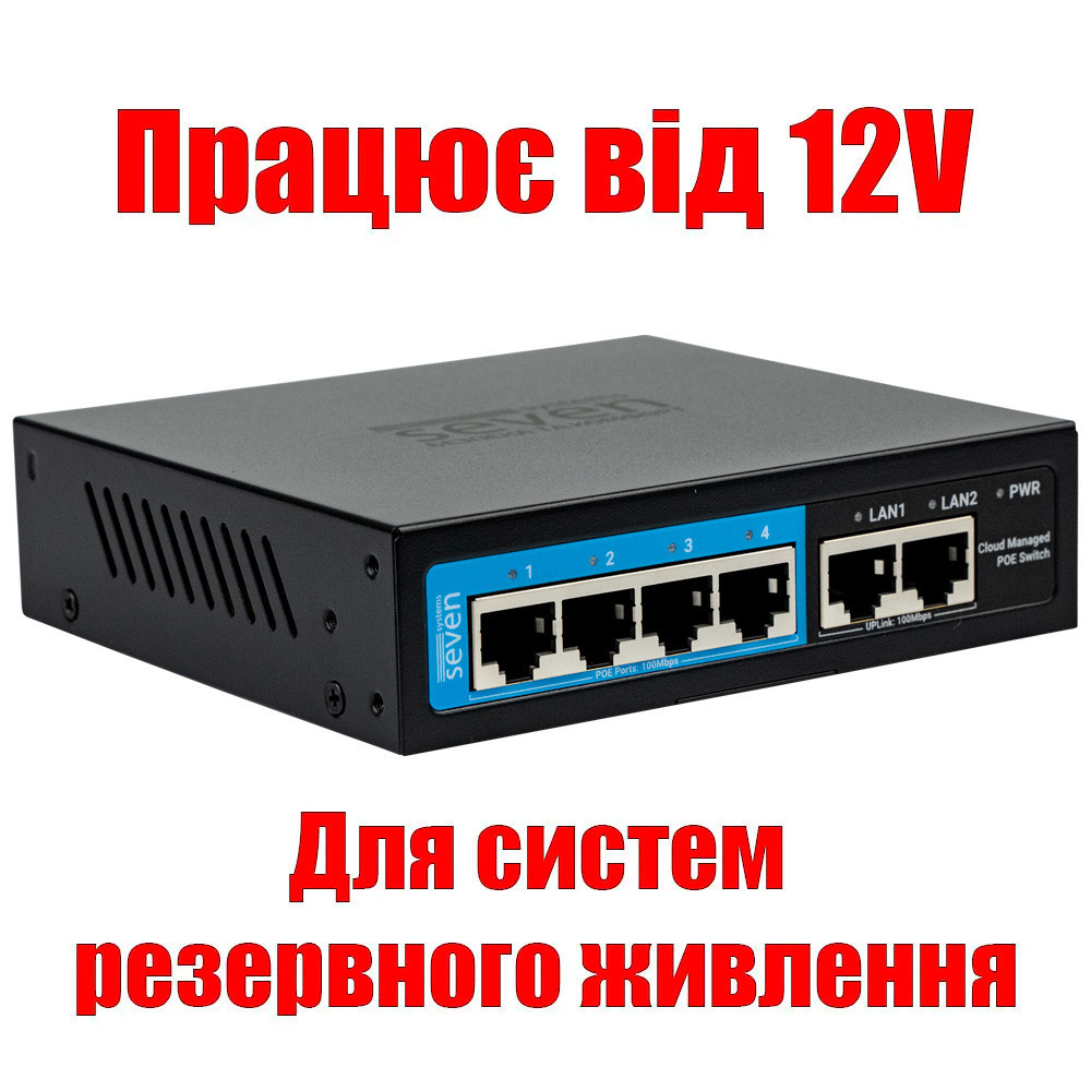 Хмарно керований 6-ти портовий PoE комутатор SEVEN PS204D-12V (Cloud POE: 4, UP: 2) Київ - фото 1