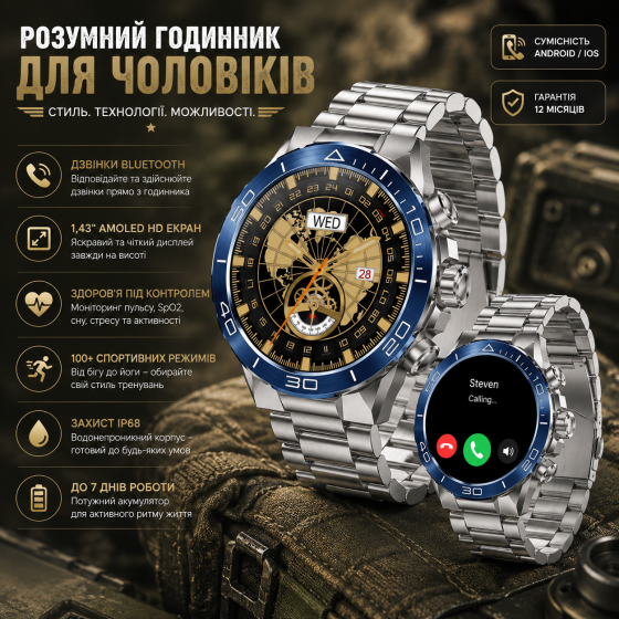 Мужские тактические смарт-часы Kesasoxe с AMOLED экраном водонепроницаемые армейские умные часы с вызовами Киев