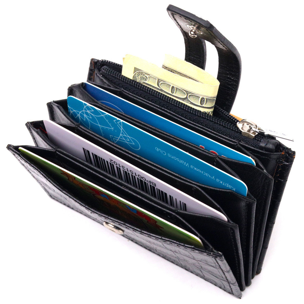 Удобный картхолдер из натуральной кожи с тиснением под крокодила KARYA 21331 Черный Киев - изображение 7