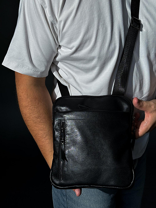 Сумка-мессенджер из натуральной гладкой кожи, сумка через плечо мужская SKILL (Черная) Сумы - изображение 1