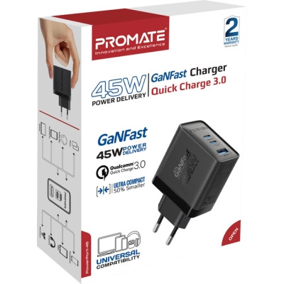 Зарядное устройство Promate powerport-45 2xUSB-C PD + USB-A QC 45W Black (powerport-45.black) Винница - изображение 6