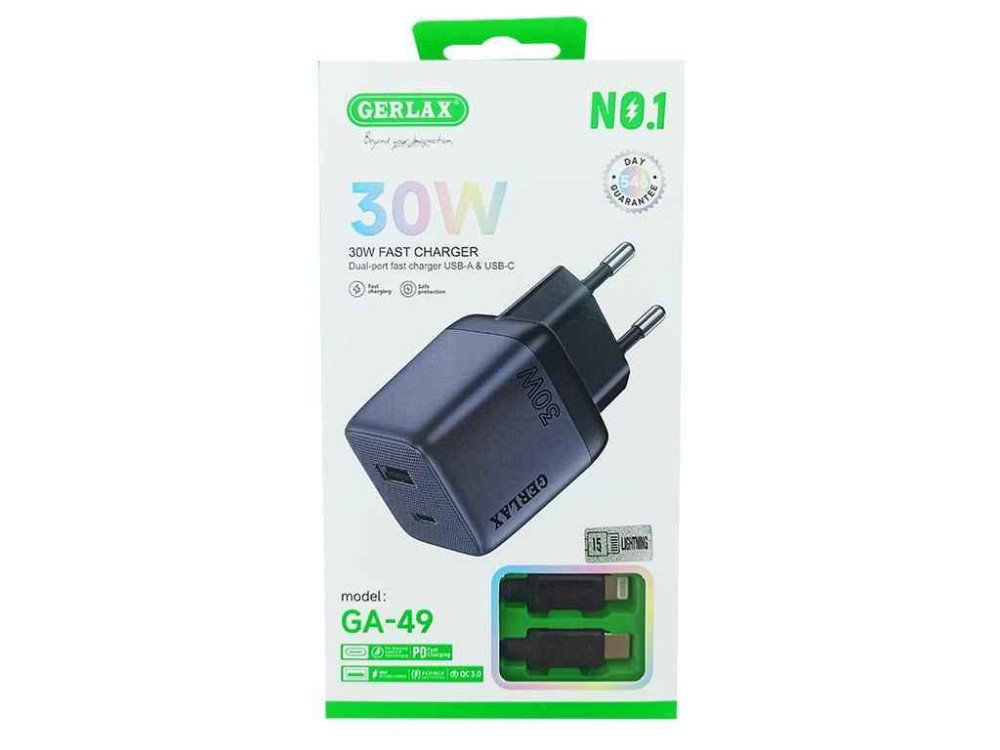 Мережевий зарядний пристрій Type-C to iPhone Lightning GA-49L 1USB/30W/QC3.0/PD чорний ТМ GERLAX Київ - фото 1