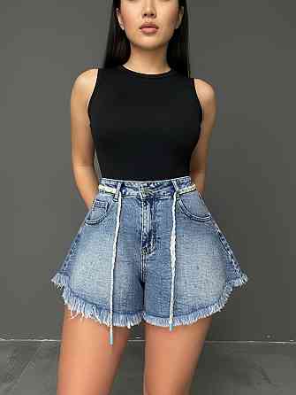 Шорты женские джинсовые Vanver 2016 с камнями короткие расклешенные с бахромой голубые, голубой, 25, 25, 66 см Киев