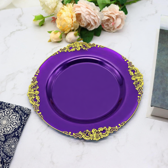 Тарелка пластиковая круглая 26 см праздничная прочная многоразовая с золотистым узором фиолетовая Каменец-Подольский