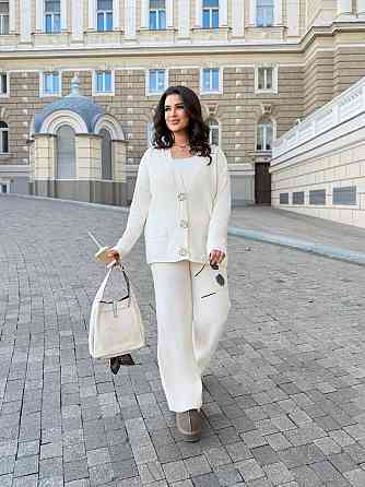 Женский базовый прогулочный костюм: кофта и штаны мелкая машинная вязка Молочный Одесса