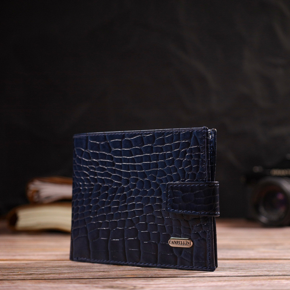 Красивый горизонтальный кошелек для мужчин из натуральной кожи с тиснением под рептилию CANPELLINI 21889 Синий Киев - изображение 8