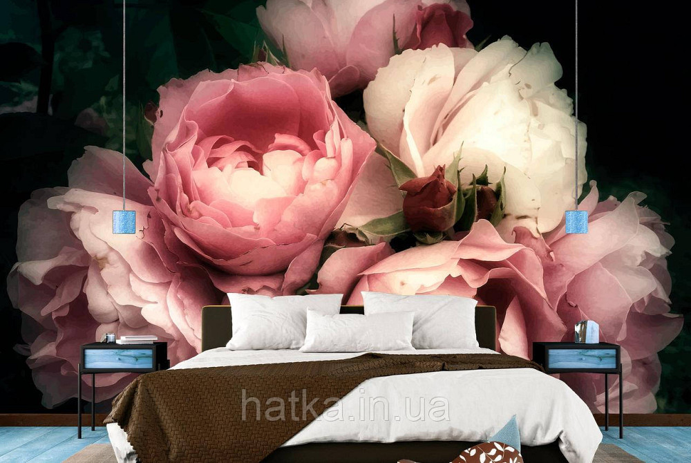 Шпалери вінілові на флізелін квіти троянди великі 3д рожеві білі Київ - фото 1