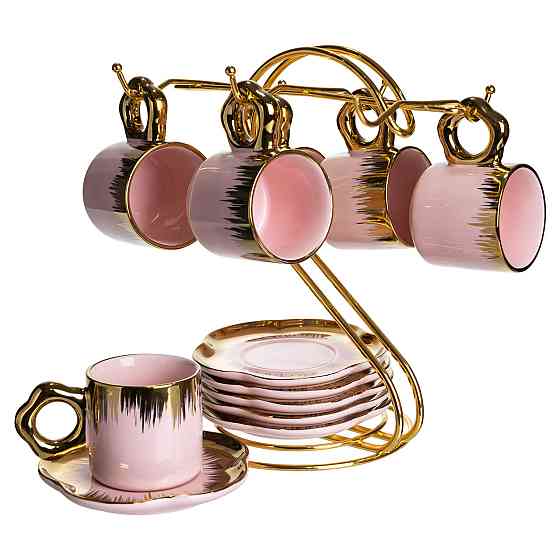 Набір чашок для кави на металевій підставці 6 (шт) по 100 (мл) подарунковий кавовий сервіз набір чашок Розовий із золотом FM-48 Київ