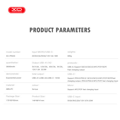 Батарея универсальная XO 30000mAh, PD/20W, QC/22.5W, with light, black (PR240_Black) Винница - изображение 3