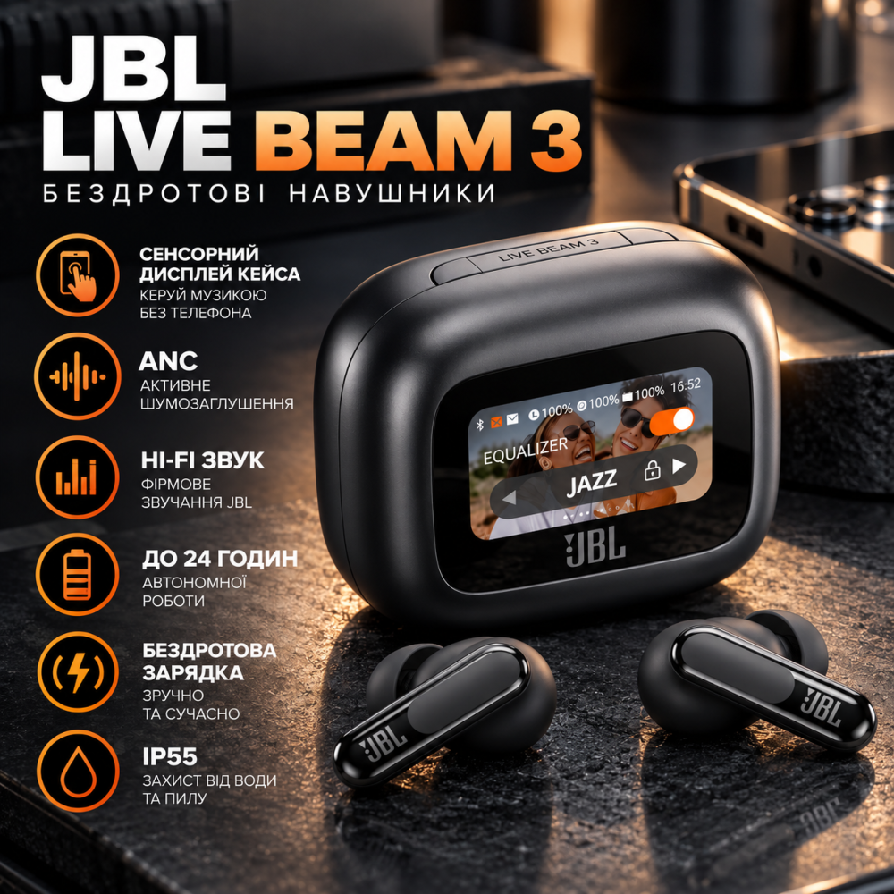 Навушники JBL Live Beam 3 Black Bluetooth з сенсорним дисплеєм кейсу, ANC, Hi-Fi звук, до 24 год, бездротова зарядка Київ - фото 11