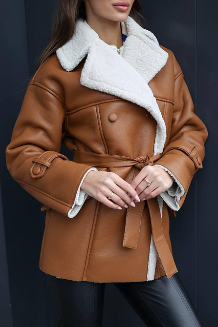 Женская стильная двубортная дубленка под пояс Кемел, 44/46 Одесса - изображение 1