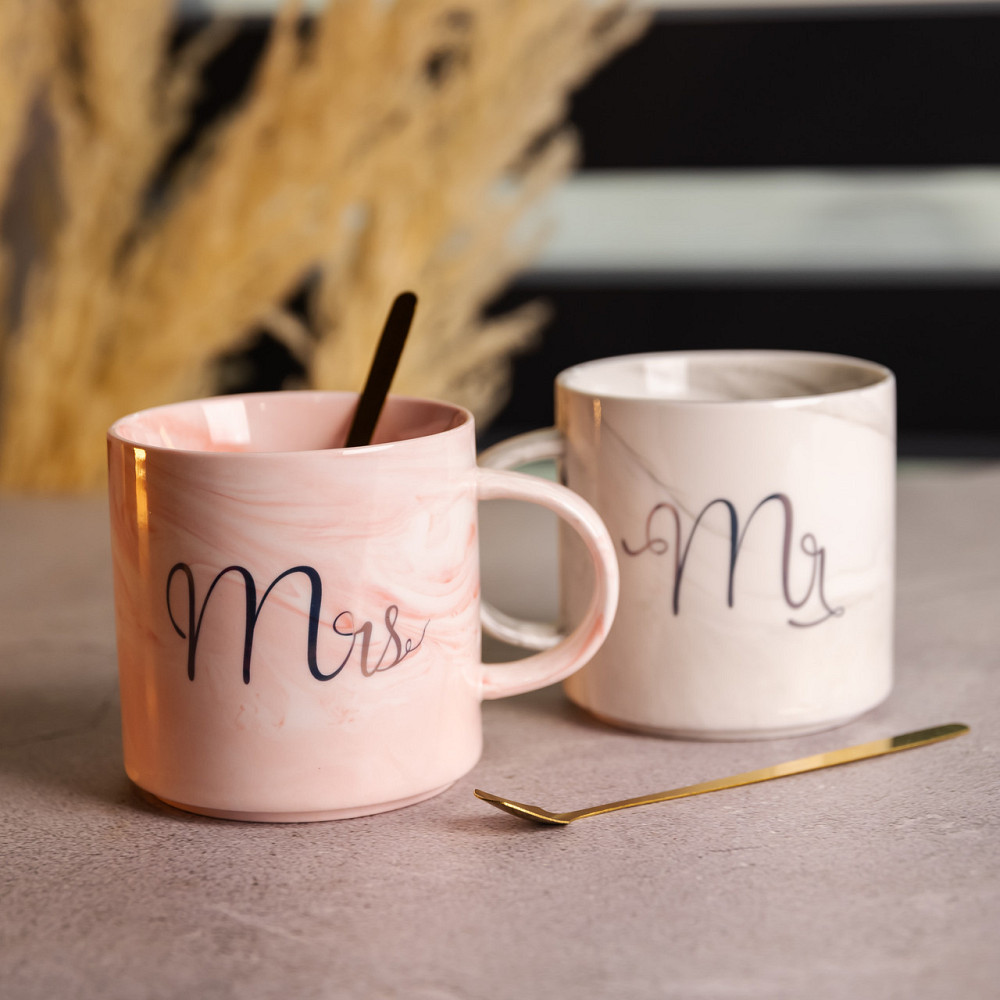 Набор парных фарфоровых чашек Mr&Mis 2 (шт) по 400 (мл) чашки на подарок с ложкой FM-28 SBR Киев - изображение 2