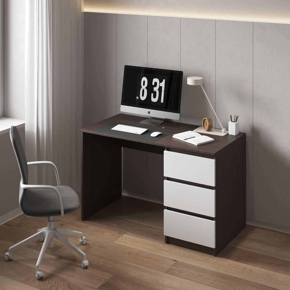 Компьютерный стол VAYS, письменный, современный, с тумбой cправа, 3 ящика з фасадами без ручек R-1 Венге Темный-Белый фасад Львов - изображение 1