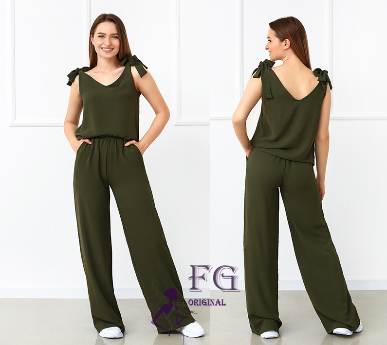 Літній жіночий костюм із широкими штанами "Ясмин" оптом | Норма та батал | Розпродаж моделі Хакі, 46 Київ - фото 1