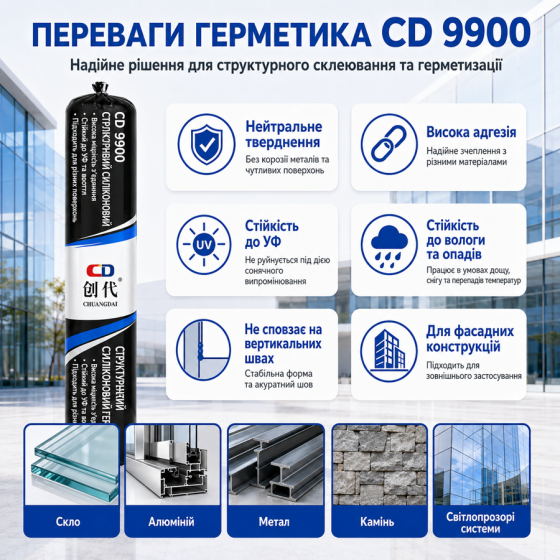 Силиконовый герметик CD 9900 нейтральный структурный черный, колбаса 590 мл, для строительных и монтажных работ (179210315) Киев