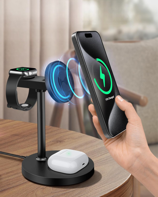 Беспроводная зарядка 3-в-1 для iPhone, Apple Watch, AirPods магнитная зарядная станция MagSafe 20W алюминиевая Киев - изображение 9