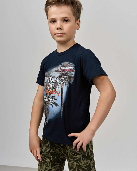 Комплект з капрі підлітковий Nicoletta — листя на шортах — Family look тато/син 89906 12-13, Синій Київ - фото 6