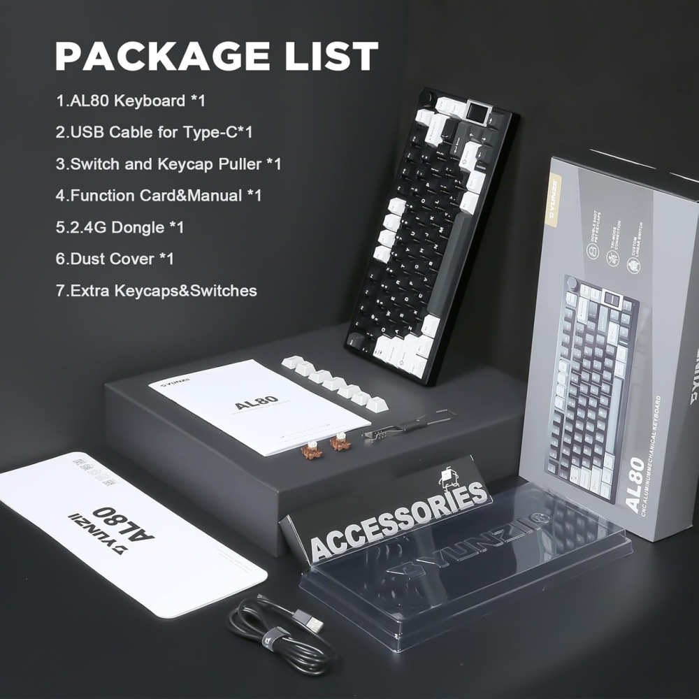 Алюминиевая механическая клавиатура YUNZII AL80 Black: ЖК-дисплей, Gasket Mount, BT/2.4G/USB-C, QMK/VIA, Cocoa Cream v2 Киев - изображение 10