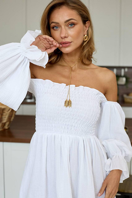 Жіноче стильне муслінове легке плаття з рукавами воланів бавовна 100% Молочний, 42/46 Одеса - фото 4